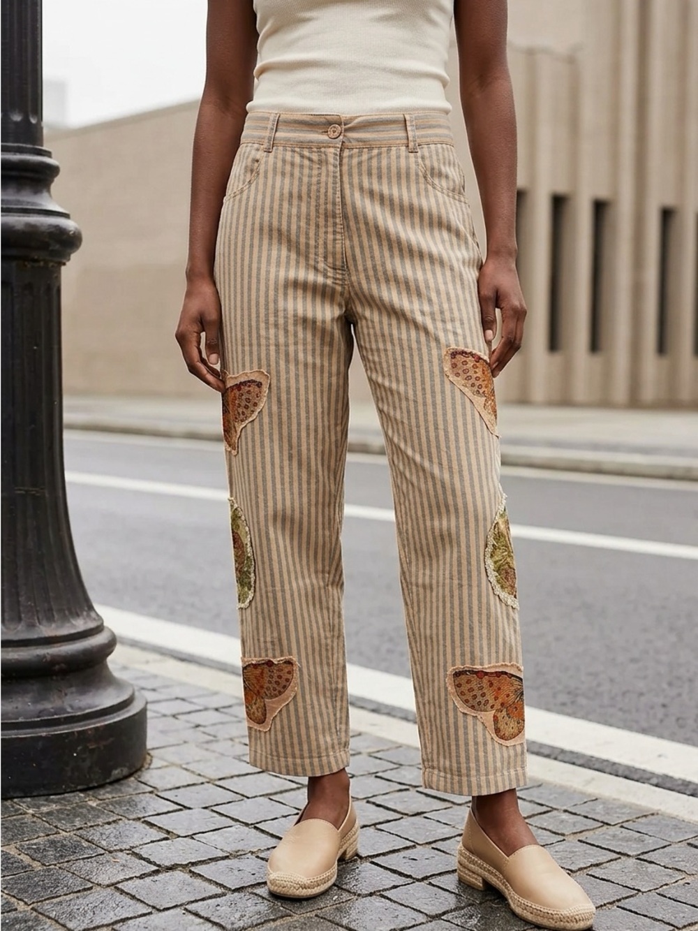 NWT A Rare Bird Wide-Leg Striped Patchwork ButterflyTrousers in Beige & Blue